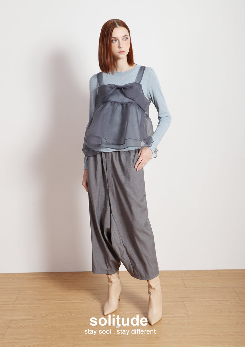 Grey Bowknot Vest with Long Sleeves Tee Set