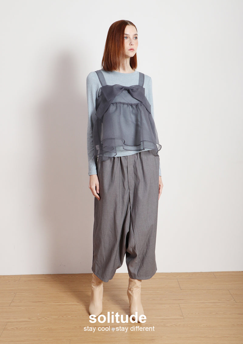 Grey Bowknot Vest with Long Sleeves Tee Set