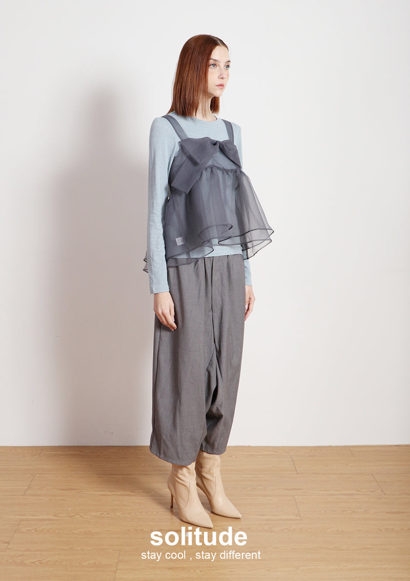 Grey Bowknot Vest with Long Sleeves Tee Set