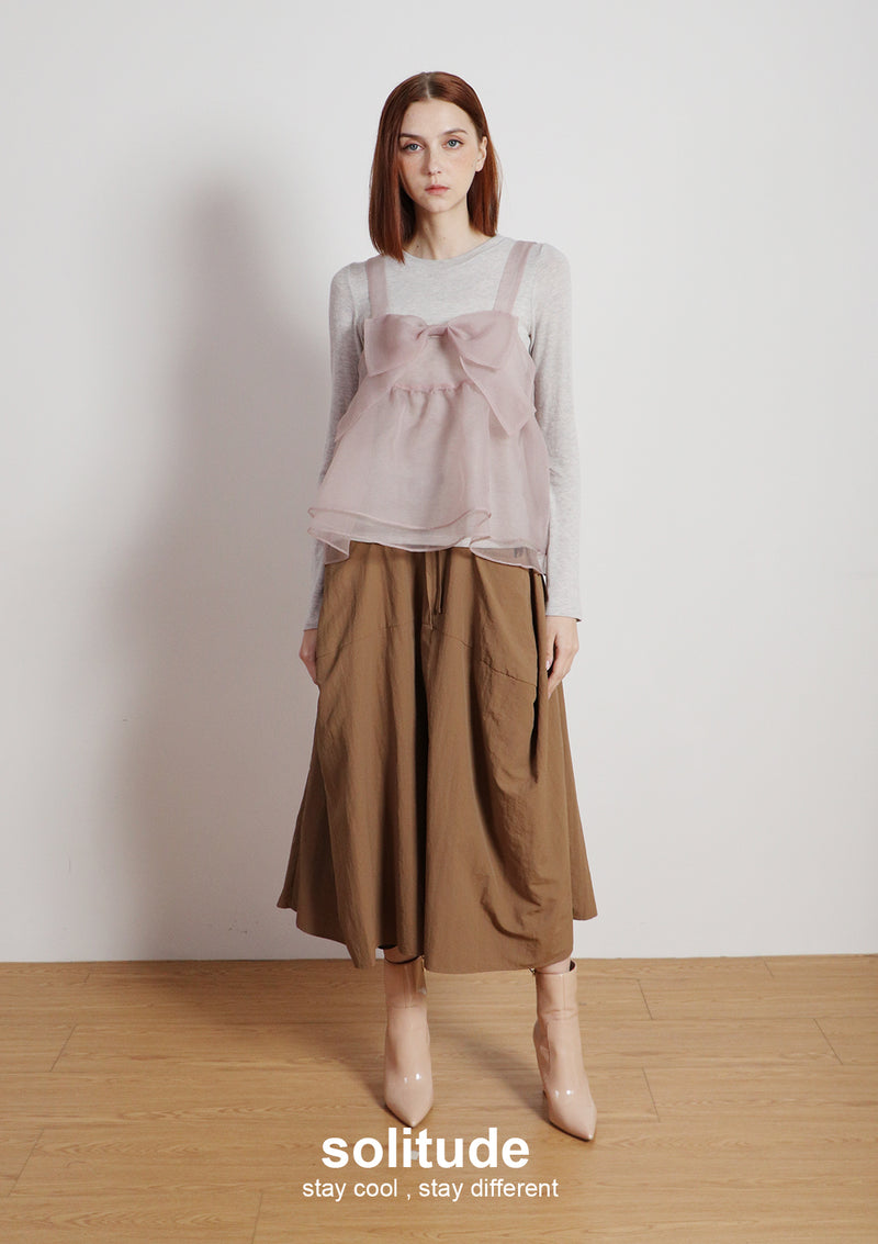 Light Pink Bowknot Vest with Long Sleeves Tee Set