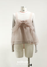 Light Pink Bowknot Vest with Long Sleeves Tee Set