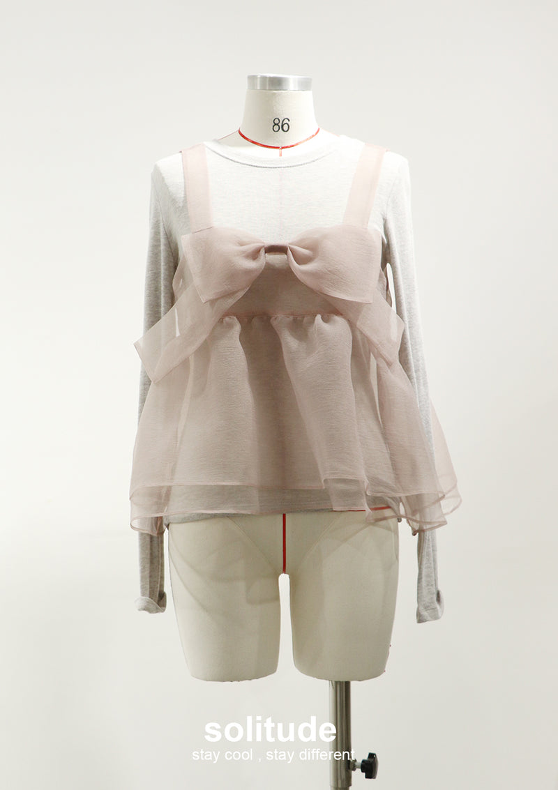 Light Pink Bowknot Vest with Long Sleeves Tee Set
