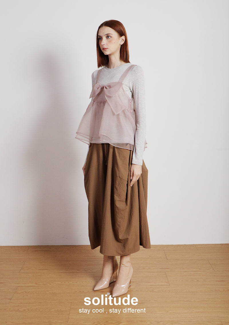 Light Pink Bowknot Vest with Long Sleeves Tee Set