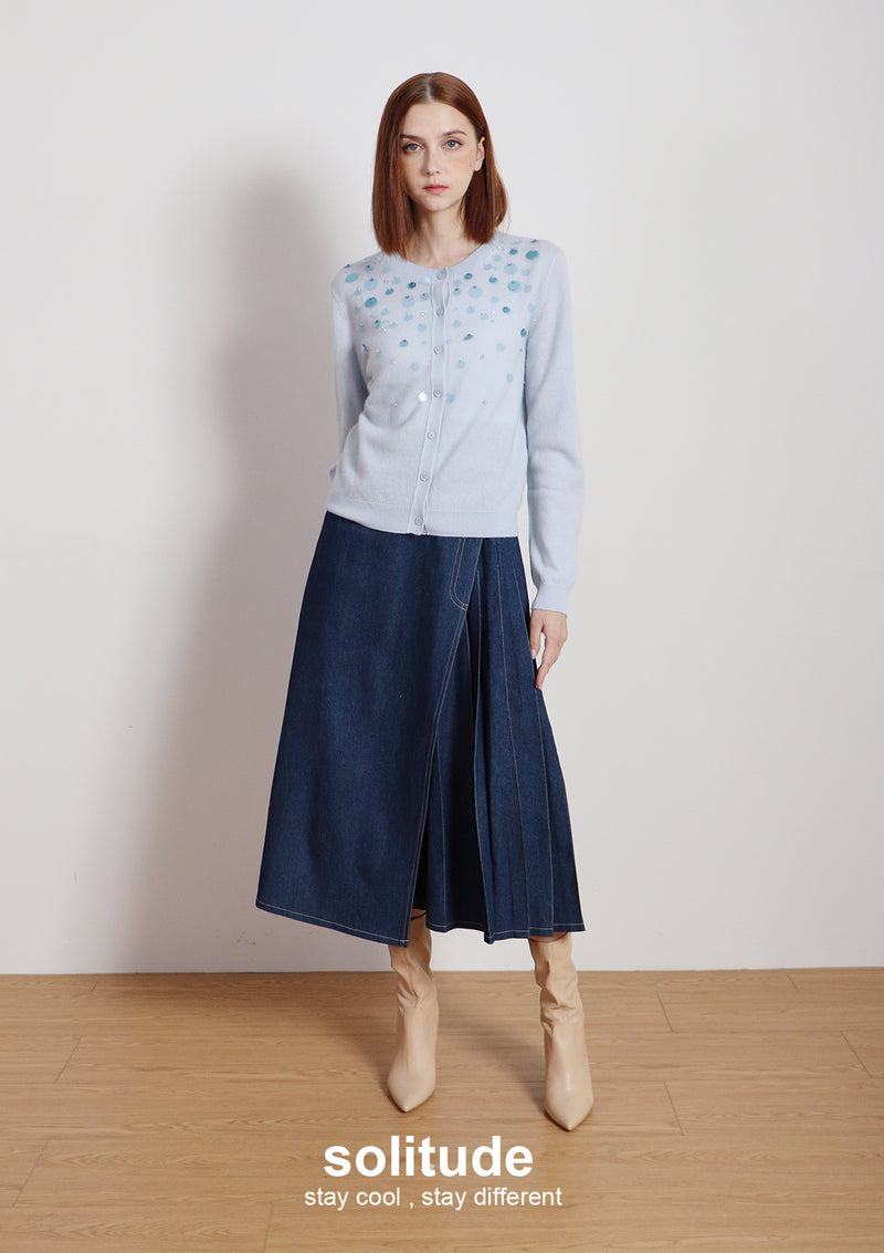 Navy Washed Denim Long Skirt