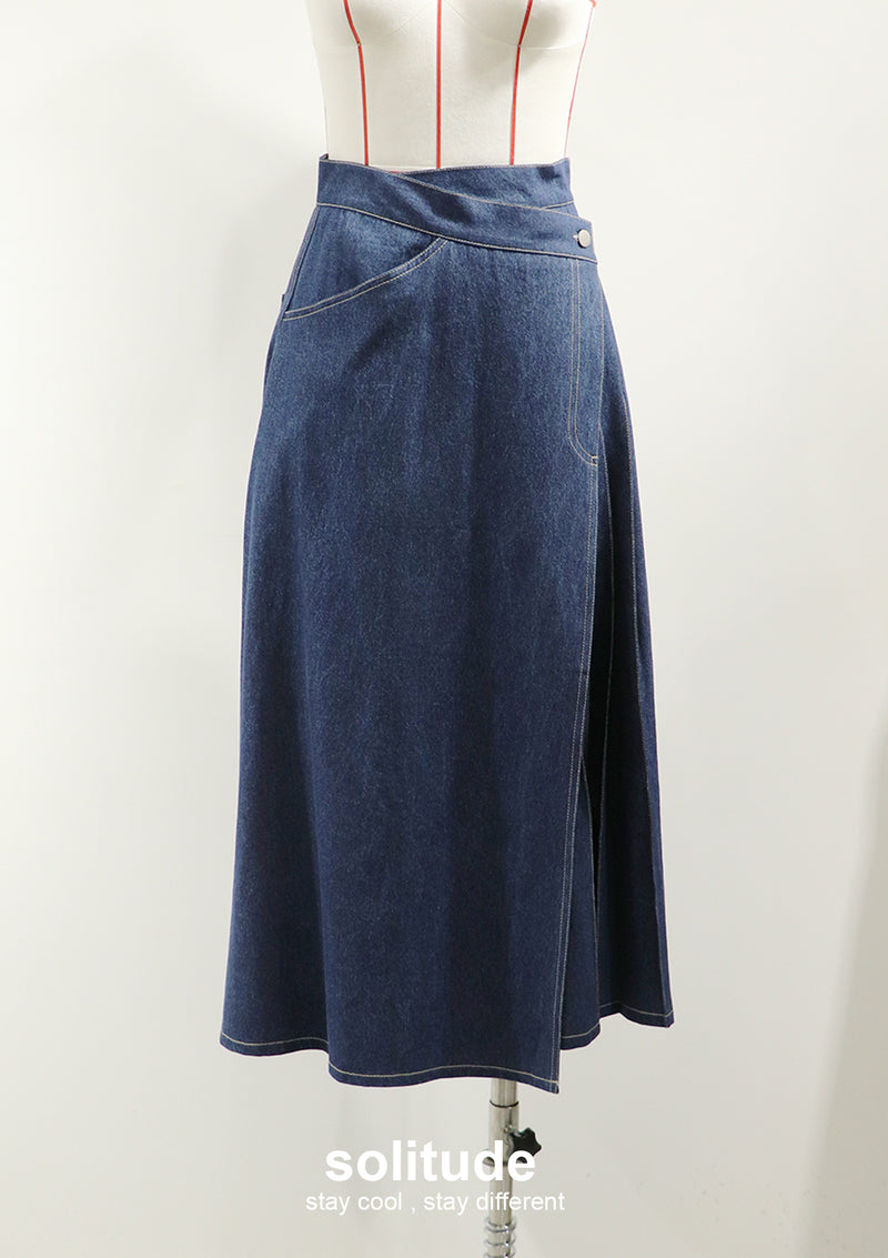 Navy Washed Denim Long Skirt