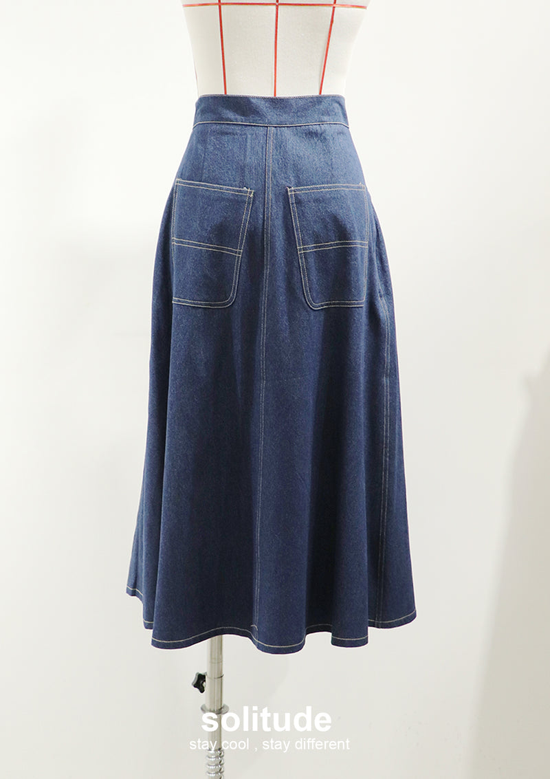 Navy Washed Denim Long Skirt