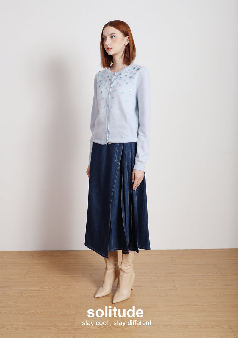 Navy Washed Denim Long Skirt