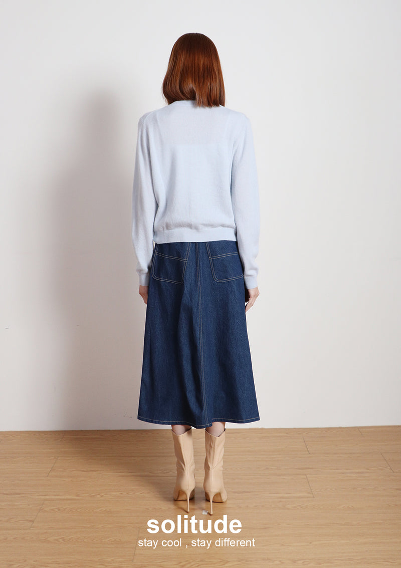 Navy Washed Denim Long Skirt