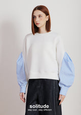 White Cotton Mixed Striped Sleeves Top