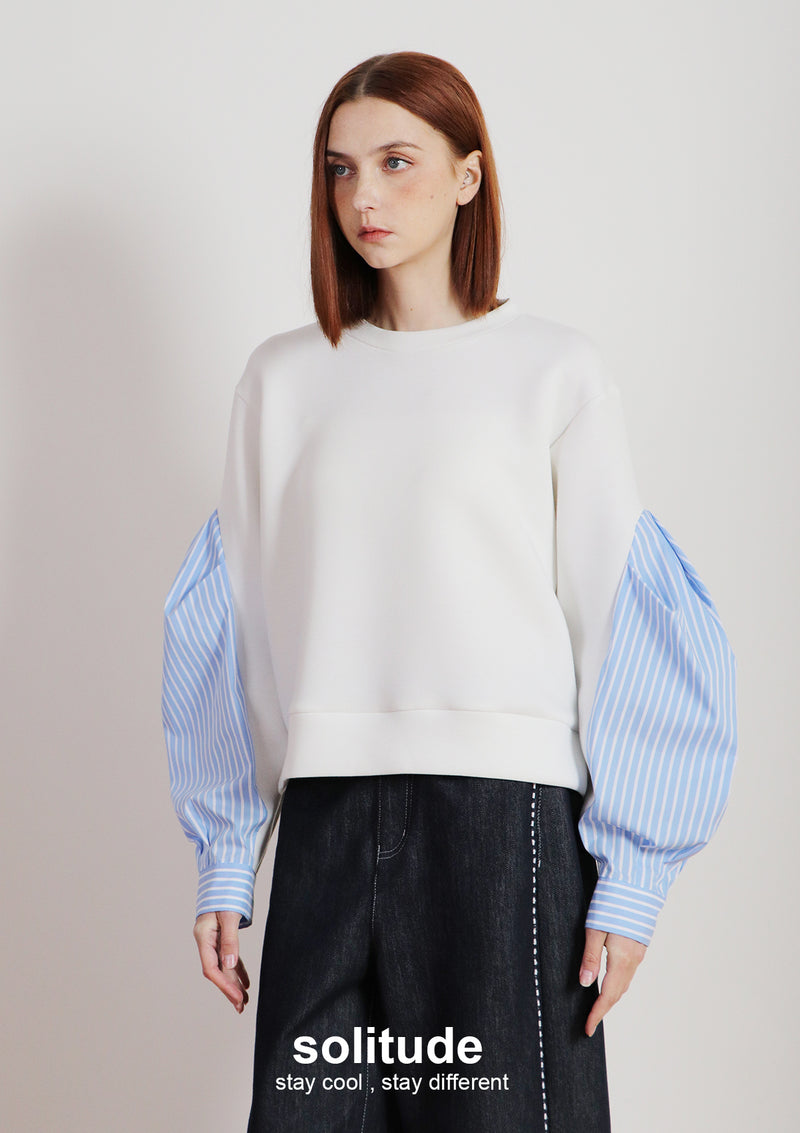 White Cotton Mixed Striped Sleeves Top