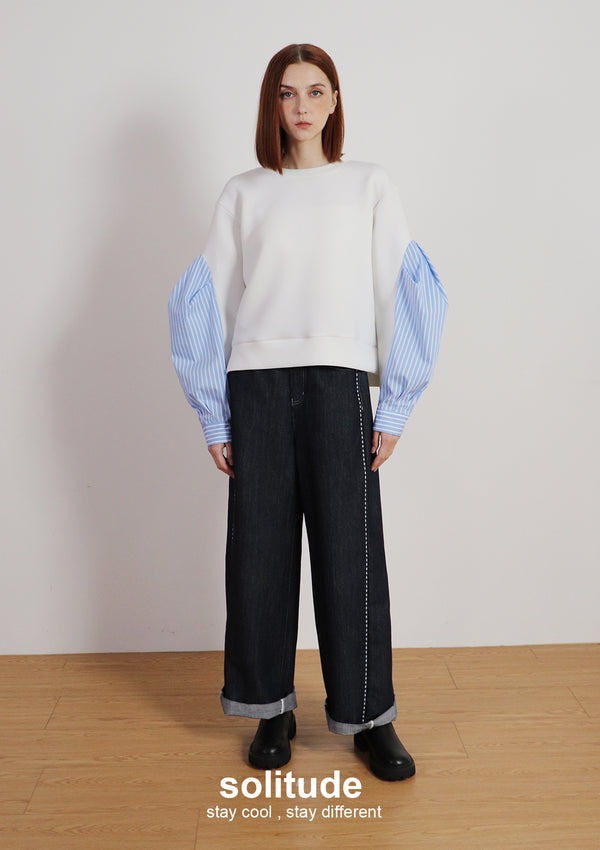 White Cotton Mixed Striped Sleeves Top