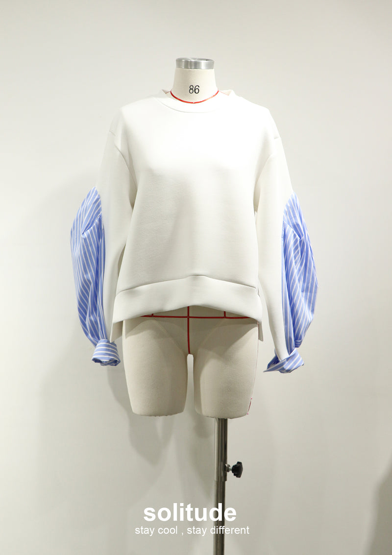 White Cotton Mixed Striped Sleeves Top