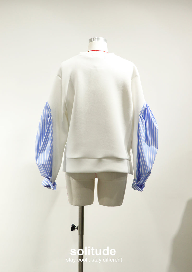 White Cotton Mixed Striped Sleeves Top