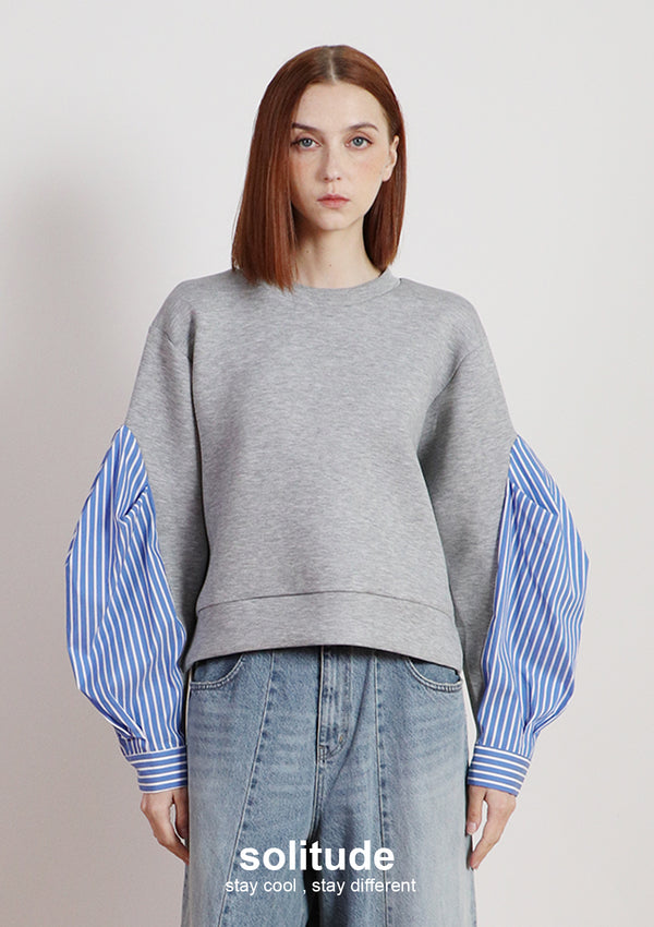 Grey Cotton Mixed Striped Sleeves Top