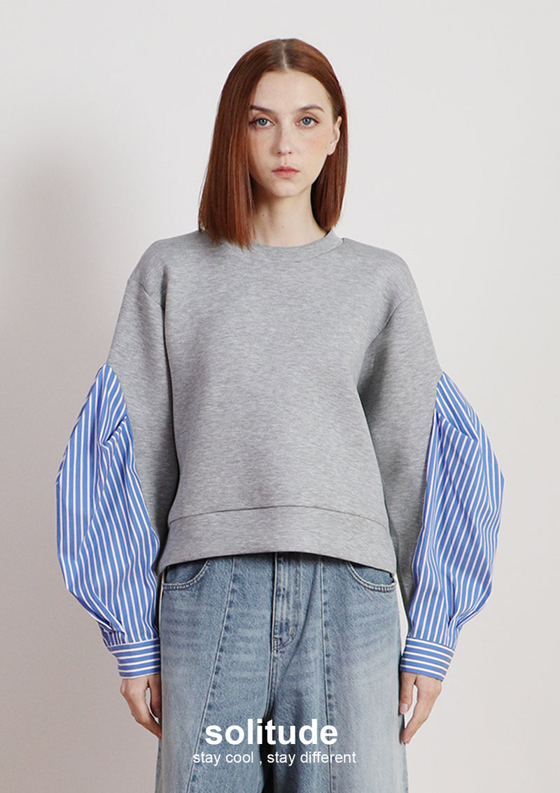 Grey Cotton Mixed Striped Sleeves Top