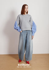 Grey Cotton Mixed Striped Sleeves Top