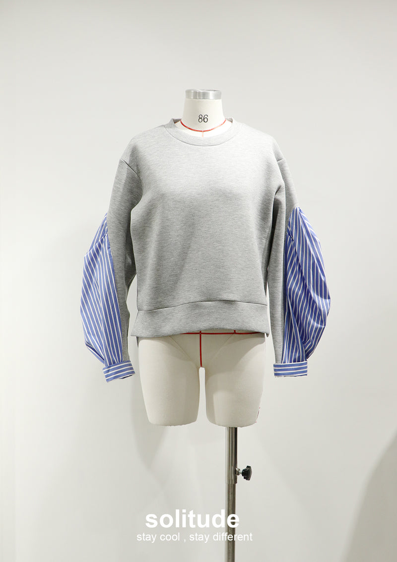 Grey Cotton Mixed Striped Sleeves Top