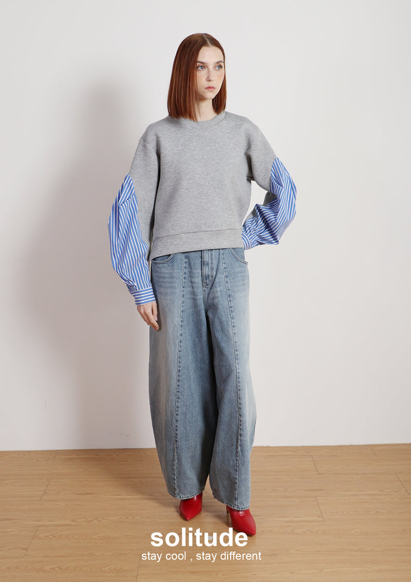 Grey Cotton Mixed Striped Sleeves Top