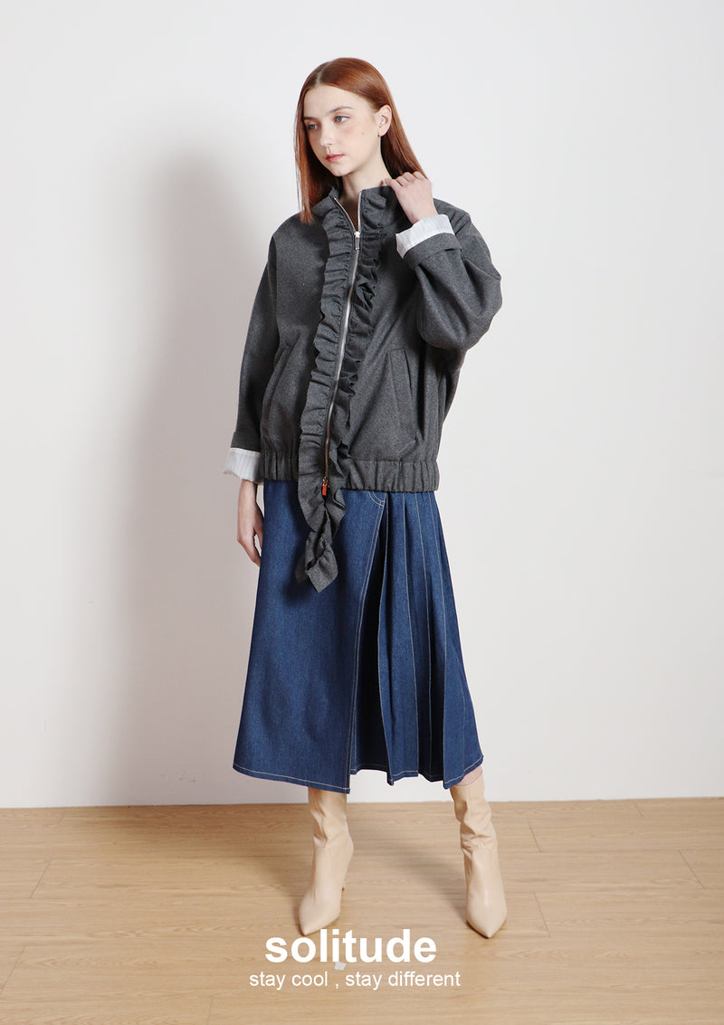 Charcoal Ruffles Zip-up Wool Jacket