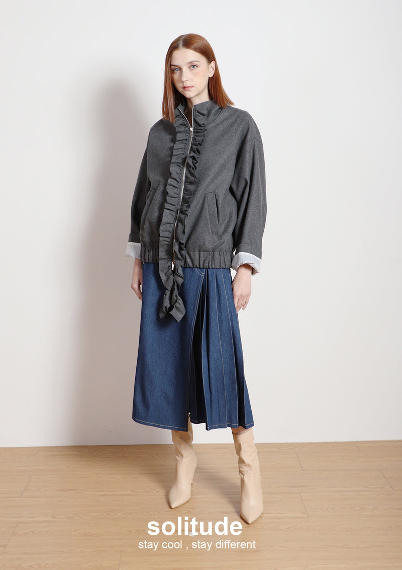 Charcoal Ruffles Zip-up Wool Jacket