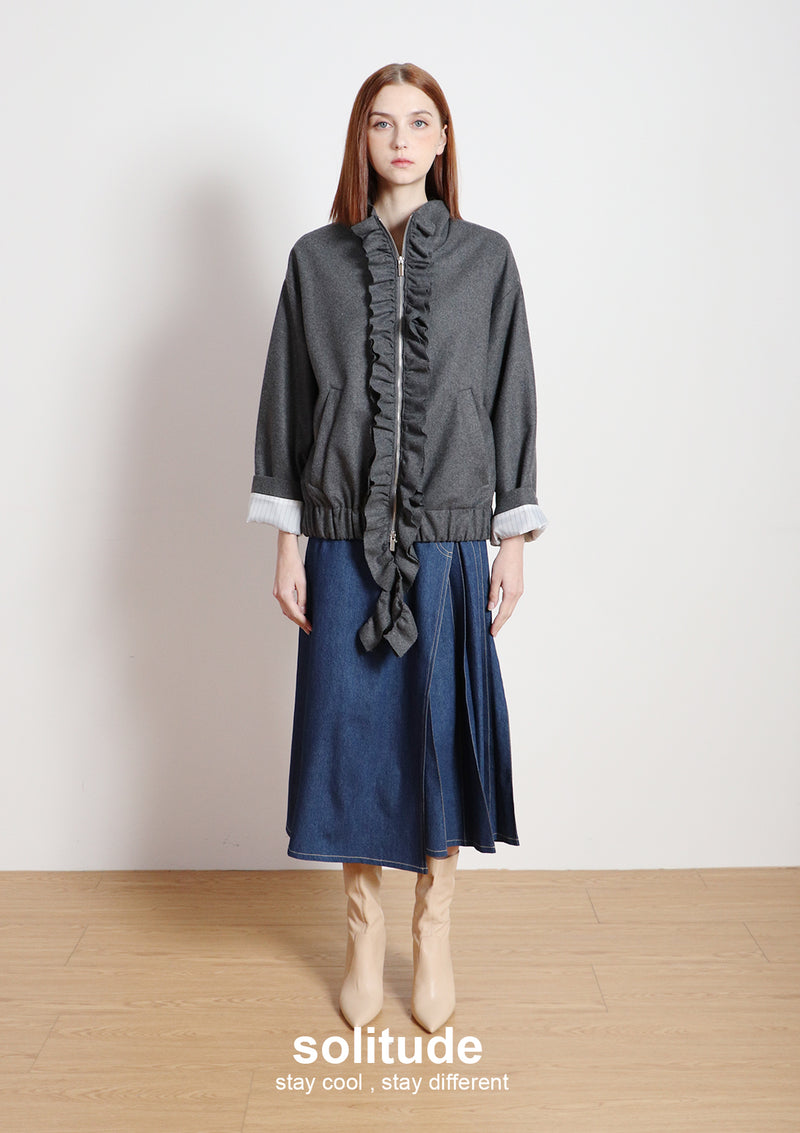 Charcoal Ruffles Zip-up Wool Jacket