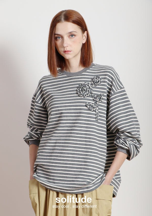 Grey Striped Flowers Top