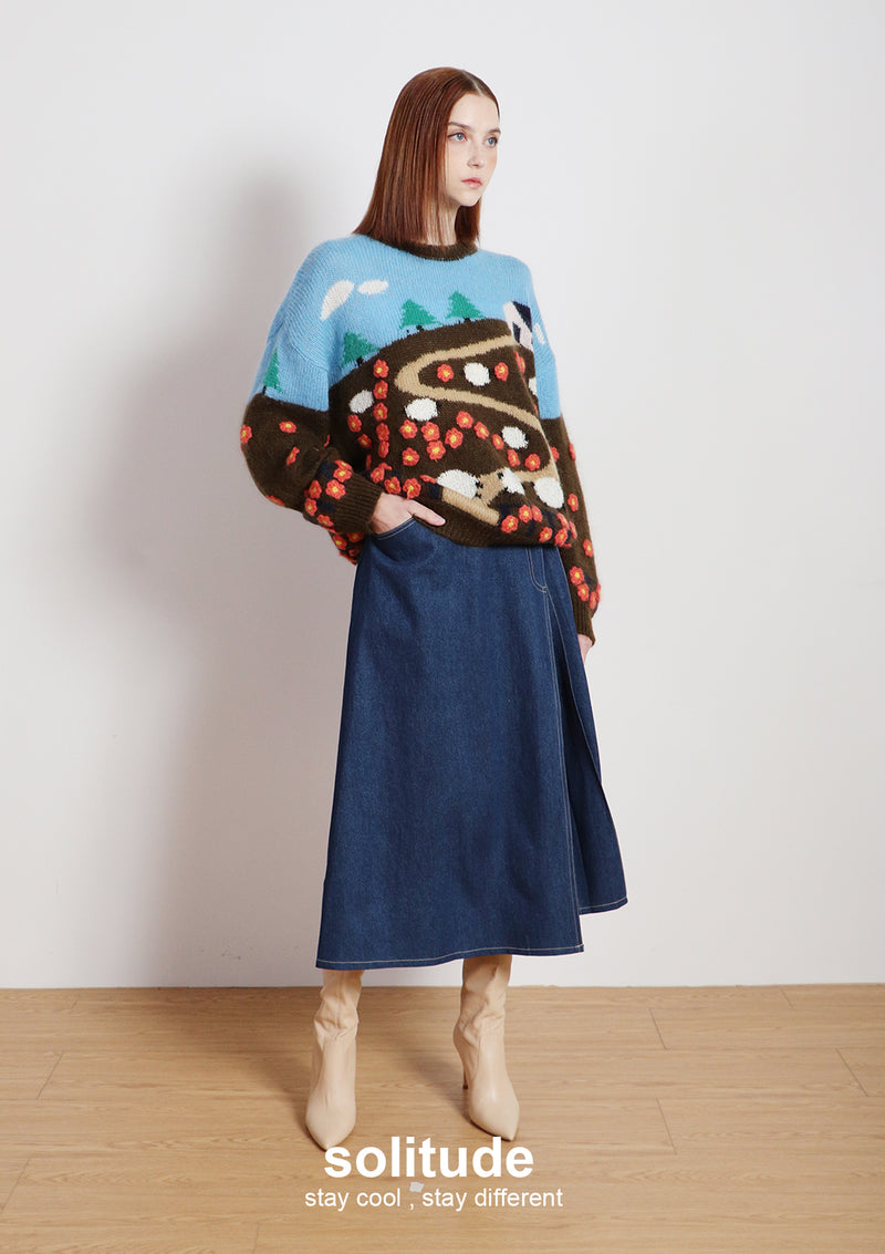 Blue Garden Patterned Wool Top