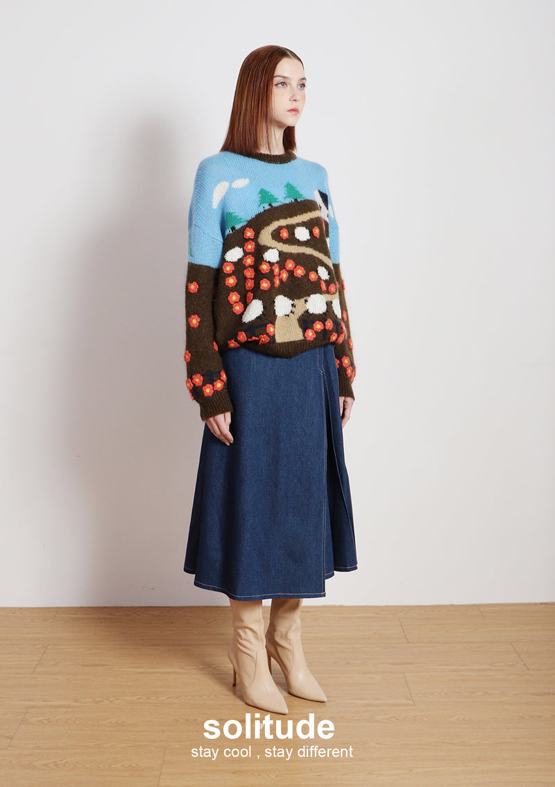 Blue Garden Patterned Wool Top