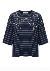 Navy Striped Print with Hand-Sewn Pearls Tee