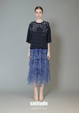 Navy Striped Print with Hand-Sewn Pearls Tee