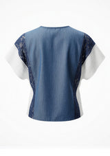 Navy Lace Mixed Woven Top