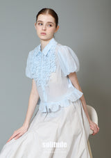 Blue Gathered Short Sleeves Top