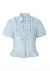Blue Gathered Short Sleeves Top