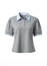 Grey Double Sleeves Hems Polo Top
