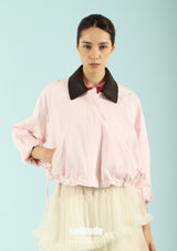 Pink Leather-Collar Zip Jacket