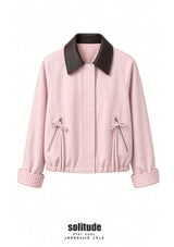 Pink Leather-Collar Zip Jacket