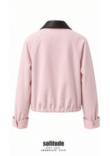 Pink Leather-Collar Zip Jacket