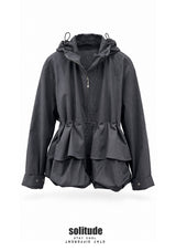 Black Double Hem Hooded Nylon Jacket