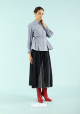 Mixed Knit-Woven Long Denim Skirt