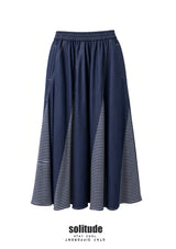 Mixed Knit-Woven Long Denim Skirt