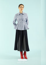 Mixed Knit-Woven Long Denim Skirt