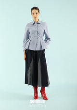 Mixed Knit-Woven Long Denim Skirt