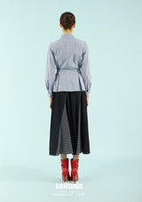 Mixed Knit-Woven Long Denim Skirt