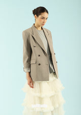 Beige Double Breasted Striped Blazer