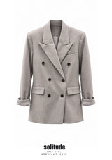 Beige Double Breasted Striped Blazer