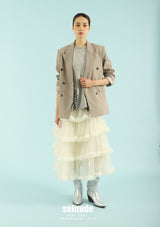 Beige Double Breasted Striped Blazer
