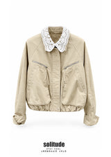 Knitted Collar Woven Zip Jacket