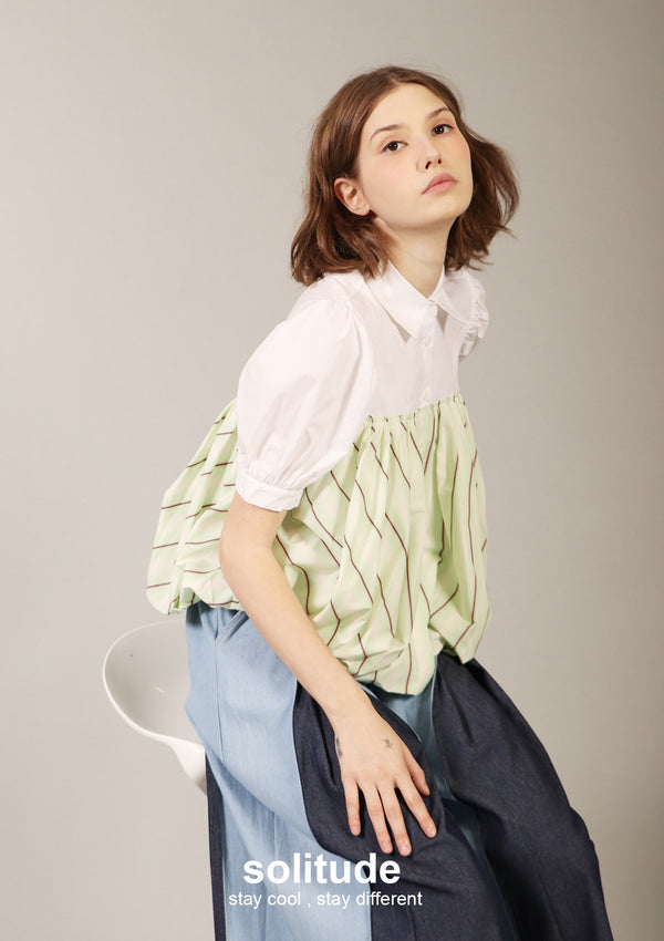 Mixed Fabric Green Bubble Shirt