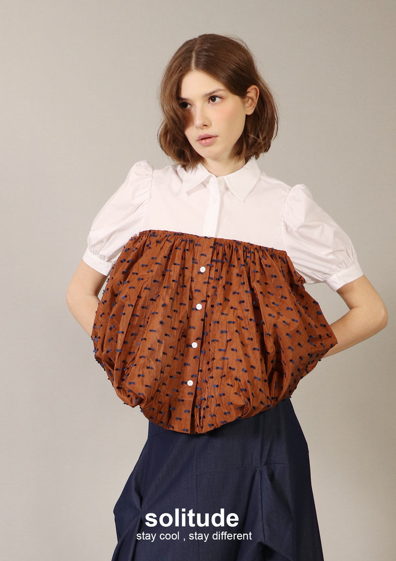 Mixed Fabric Brown Bubble Shirt