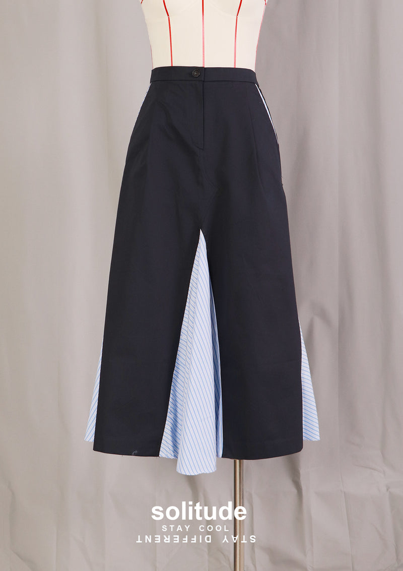 Navy Mixed Fabric Mixed Woven Skirt
